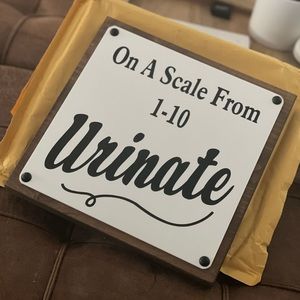 Farmhouse handmade funny bathroom sign “on a scale from 1-10 Urinate” 10x10